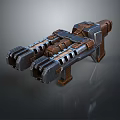 Futuristic Double Barrel Mechanical Weapon With Metallic Structure And Wooden Accents