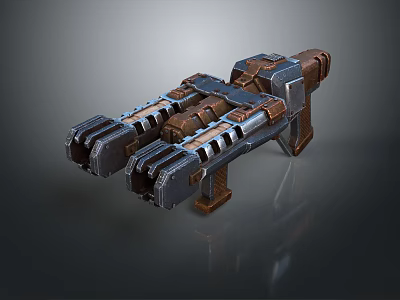 Futuristic Double Barrel Mechanical Weapon With Metallic Structure And Wooden Accents 3d model