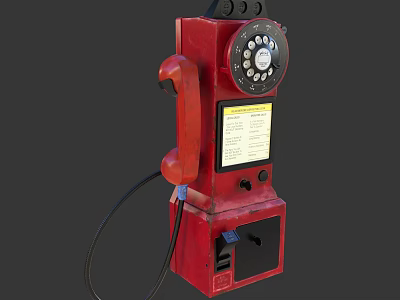 Red Vintage Public Telephone With Rotary Dial Handset Cable And Coin Slot Design 3d model