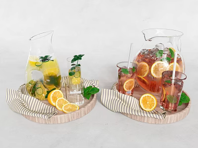 Refreshing Drinks in Glass Pitchers with Lemon Orange Mint Leaves and Straws on Wooden Trays 3d model