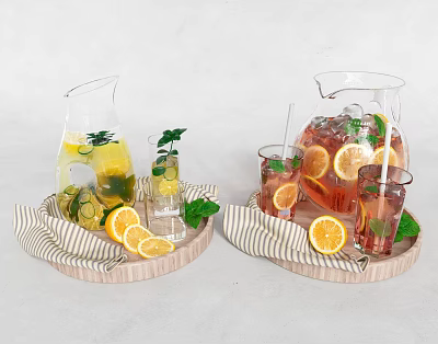 Refreshing Drinks in Glass Pitchers with Lemon Orange Mint Leaves and Straws on Wooden Trays 3d model