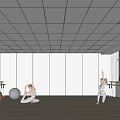 Spacious Fitness Studio With Barre Exercise Balls Mirror Windows Ceiling Lights And People Working Out