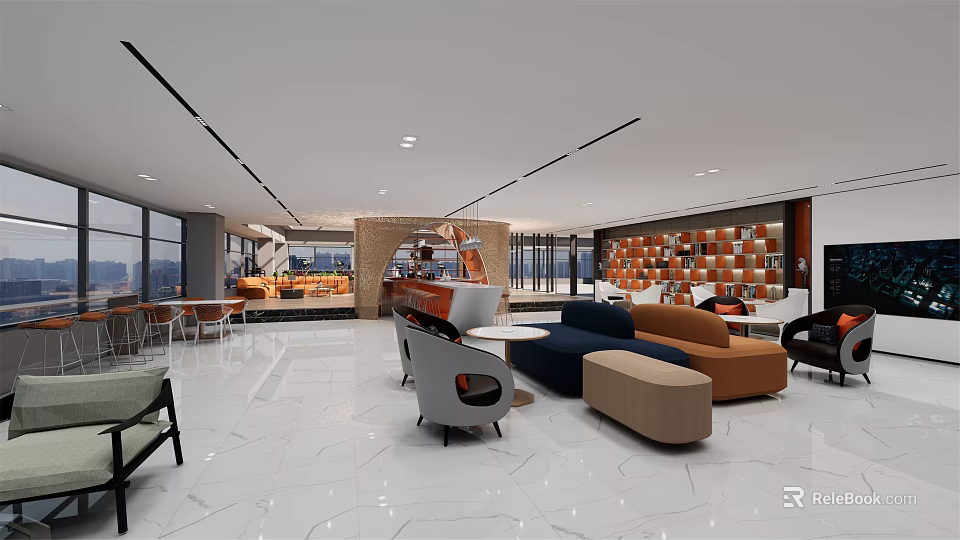 Modern Café Interior With Open Space Colorful Sofas Tables And Large Windows 3d model