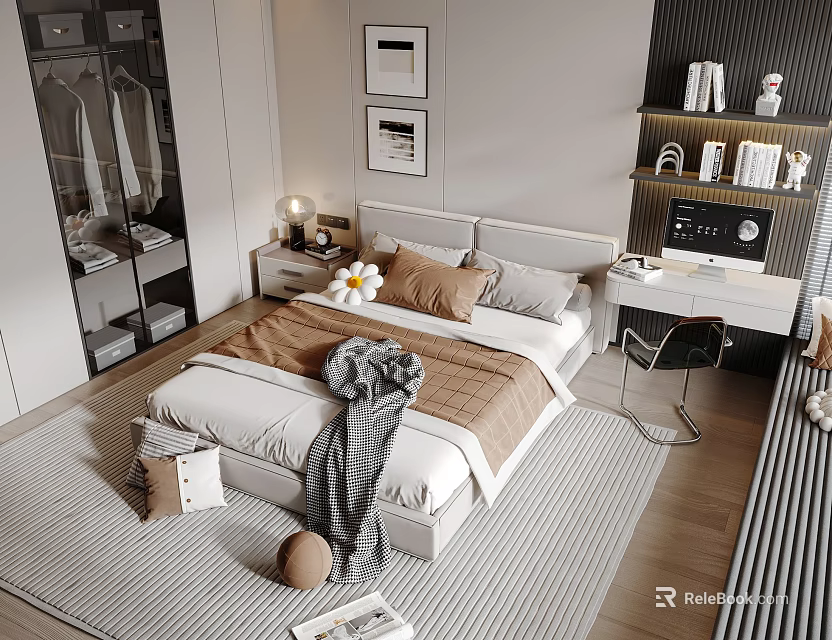 Modern Bedroom Interior With Double Bed Nightstand Table Lamp Framed Pictures And Desk Chair 3d model 