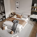 Modern Bedroom Interior With Double Bed Nightstand Table Lamp Framed Pictures And Desk Chair