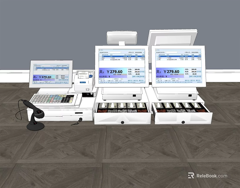 Commercial POS Cash Register Equipment With Digital Screens Drawers And Keyboards 3d model 