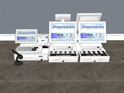 Commercial POS Cash Register Equipment With Digital Screens Drawers And Keyboards 3d model
