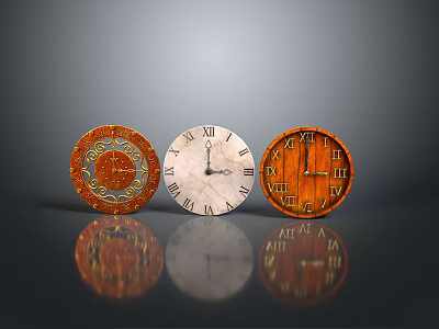 Three Different Design Wall Clocks Featuring Roman Numerals Wooden Texture And Colorful Patterns 3d model