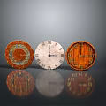 Three Different Design Wall Clocks Featuring Roman Numerals Wooden Texture And Colorful Patterns