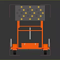 Mobile Furniture Rack In Orange Metal With Black Panel Gold Knobs And Wheels