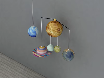 Colorful Hanging Planet Model With Various Sizes And Gray Wall Background 3d model