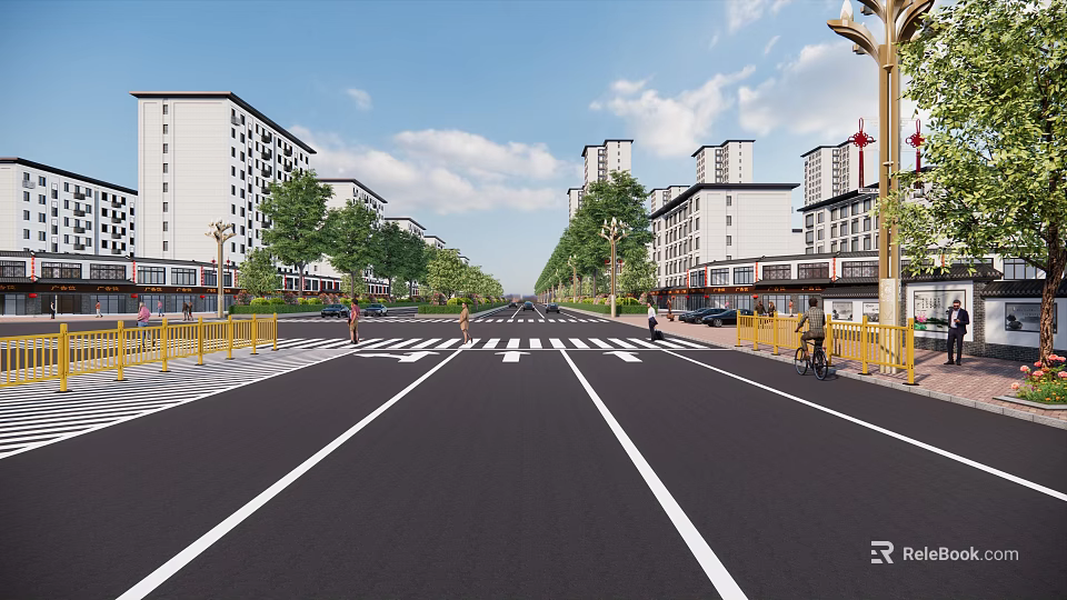 Urban Road Infrastructure with Wide Paved Surface Zebra Crossings Street Lights Trees and Guardrails 3d model 