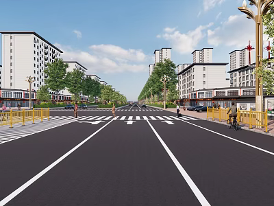 Urban Road Infrastructure with Wide Paved Surface Zebra Crossings Street Lights Trees and Guardrails 3d model