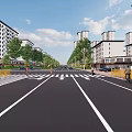 Urban Road Infrastructure with Wide Paved Surface Zebra Crossings Street Lights Trees and Guardrails
