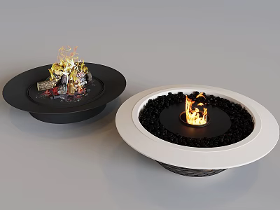 Black And White Modern Fire Pits With Burning Flames And Black Pebbles 3d model