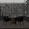 Modern Dining Table Set With Round Table Black Chairs Lit Shelves Books And Decorations