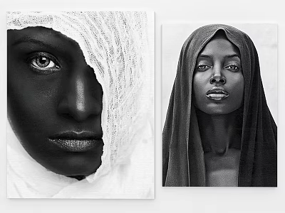 Black and White Female Portrait Paintings with Headscarf Lace and Facial Features 3d model