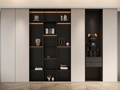 Modern Layered Bookcase Interior Design With Books Decorative Items And Illuminated Shelves 3d model