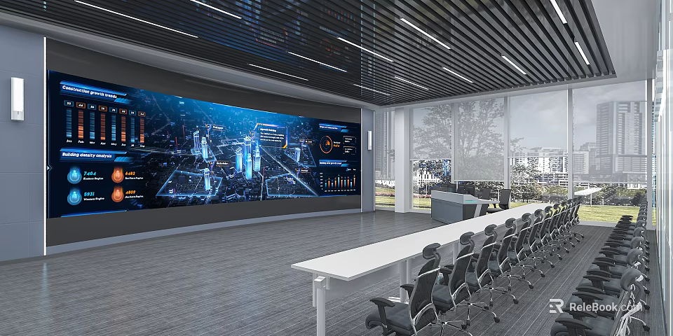 Modern Control Room Interior With Large Screen Data Display Conference Table Chairs And Windows 3d model 