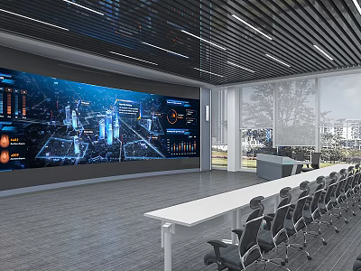 Modern Control Room Interior With Large Screen Data Display Conference Table Chairs And Windows 3d model