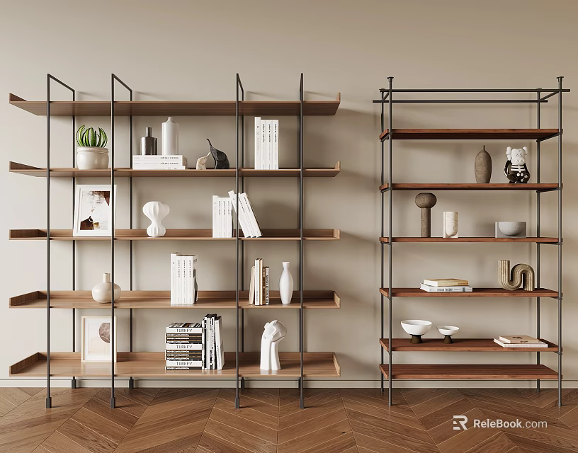 Modern Display Shelves with Wooden Metal Frame Decorative Items Books Vases and Sculptures 3d model 