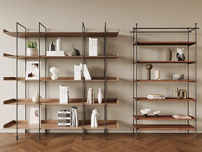 Modern Display Shelves with Wooden Metal Frame Decorative Items Books Vases and Sculptures 3d model