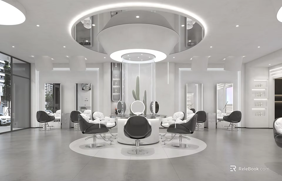 Modern Hair Salon Interior With Circular Layout Black Barber Chairs Mirrors White Design And Cactus 3d model 