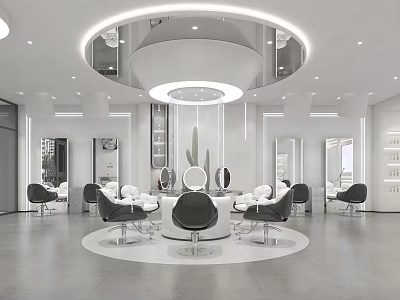 Modern Hair Salon Interior With Circular Layout Black Barber Chairs Mirrors White Design And Cactus 3d model