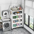 Bathroom Washbasin Setup With Washing Machine Storage Shelf And Toiletries Towels Mirror Plant
