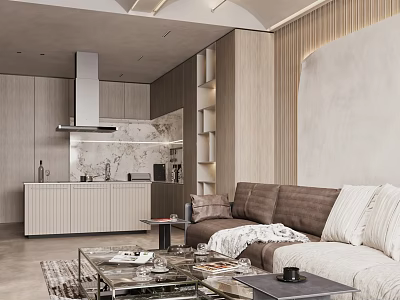 Modern Open Concept Kitchen Interior With Wooden Cabinets Range Hood And Living Area Integration 3d model