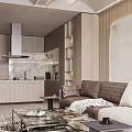Modern Open Concept Kitchen Interior With Wooden Cabinets Range Hood And Living Area Integration