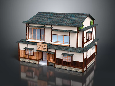 Cartoon Scenery of Traditional Japanese Dojo Building with Two Story Structure Tiled Roof and Wooden Details 3d model