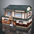 Cartoon Scenery of Traditional Japanese Dojo Building with Two Story Structure Tiled Roof and Wooden Details