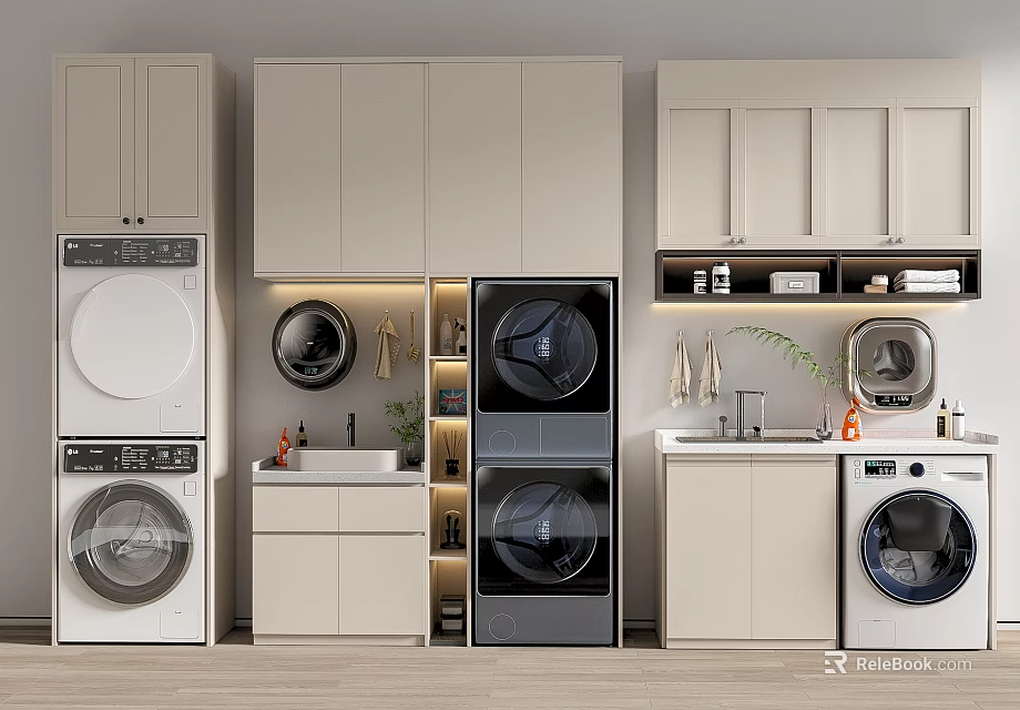 Modern Bathroom Cabinet Rack Design With Washer Dryer And Storage Spaces 3d model