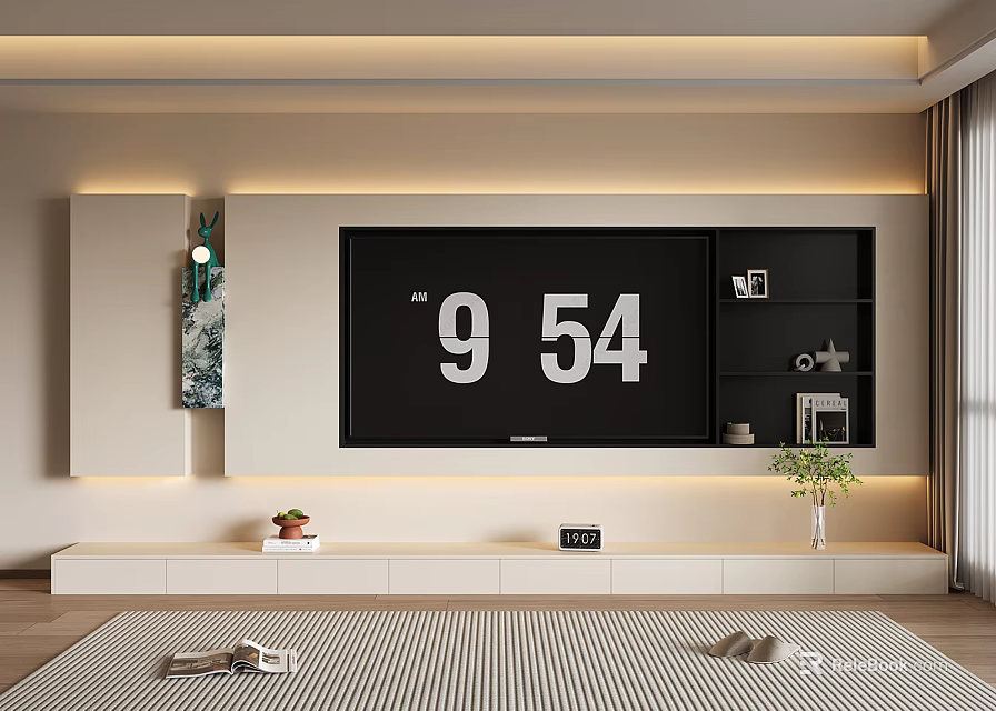 Modern Minimalist TV Wall Design With Embedded TV Black Shelves And Potted Plants 3d model 