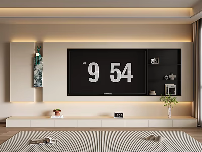 Modern Minimalist TV Wall Design With Embedded TV Black Shelves And Potted Plants 3d model