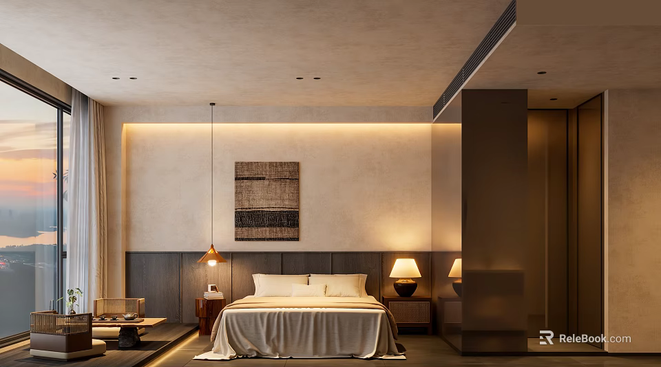 Elegant Homestay Guest Room With Comfortable Bed Table Lamps And Textured Art 3d model 