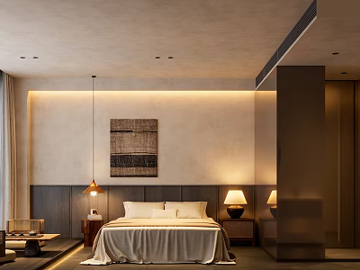 Elegant Homestay Guest Room With Comfortable Bed Table Lamps And Textured Art 3d model