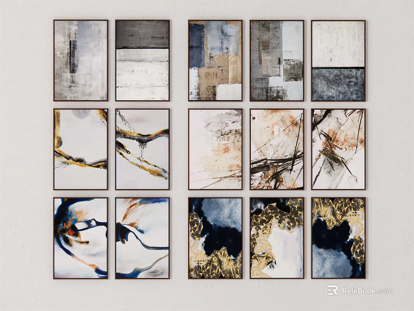 Abstract Decorative Artworks Arranged on Wall With Various Patterns and Colors 3d model