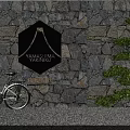 Courtyard Garden Featuring Stone Wall Black Hexagonal Sign White Bicycle Green Pine Tree Gravel Ground