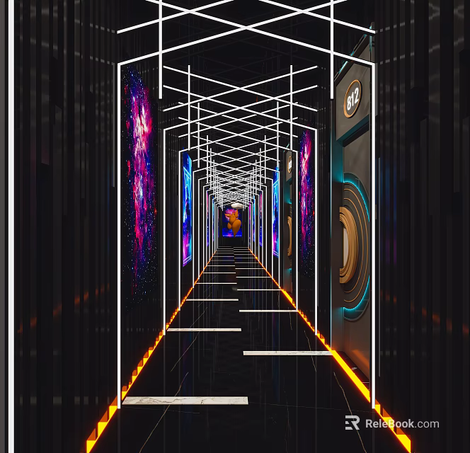 Modern KTV Corridor Interior Design With Neon Lights And Purple Blue Lighting 3d model 