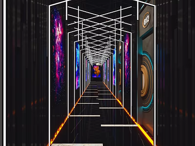 Modern KTV Corridor Interior Design With Neon Lights And Purple Blue Lighting 3d model