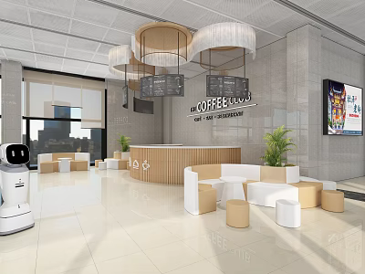 Modern Hotel Lobby Interior With Coffee Lounge Reception Desk Robot Sofas Chandeliers And Green Plants 3d model