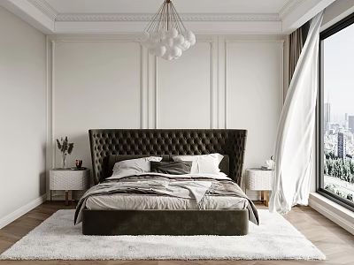 Elegant Bedroom With Velvet Headboard Bed White Rug And Large Window With City View 3d model