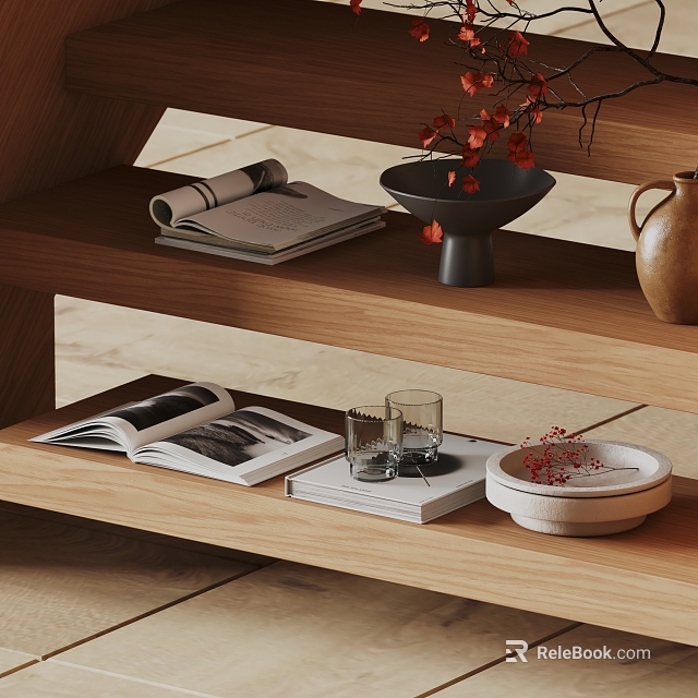 Decorative Ornament Combination With Books Glass Cups Bowls And Clay Vase On Wooden Shelves 3d model 
