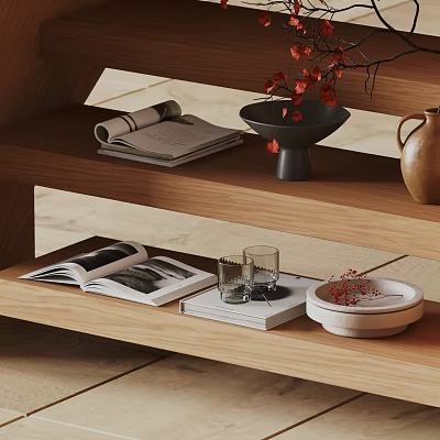 Decorative Ornament Combination With Books Glass Cups Bowls And Clay Vase On Wooden Shelves 3d model