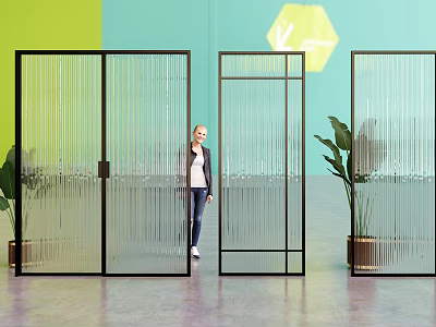 Glass Room Divider In Modern Interior With Black Frame Vertical Stripes And Plants 3d model