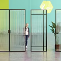 Glass Room Divider In Modern Interior With Black Frame Vertical Stripes And Plants