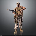 Military Style Armed Man In Tactical Vest Camouflage Pants Holding Rifle With White Headscarf Standing Pose