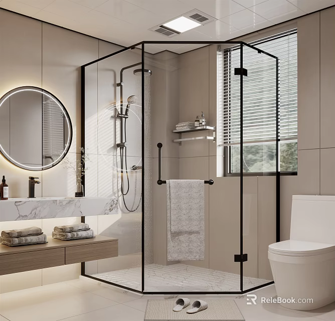 Modern Bathroom Interior With Glass Shower Enclosure Round Mirror And Marble Countertop 3d model 